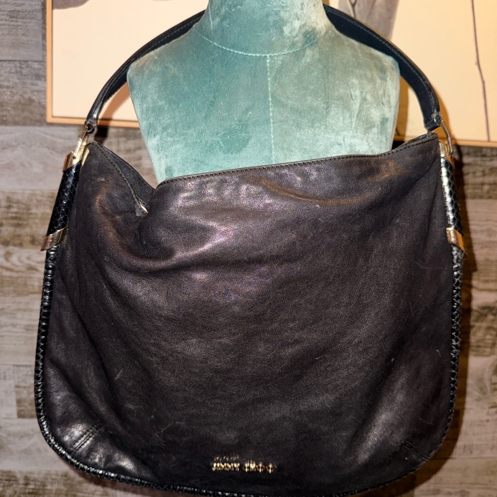 Jimmy Choo Black Leather Hobo Shoulder Bag with Gold Accents